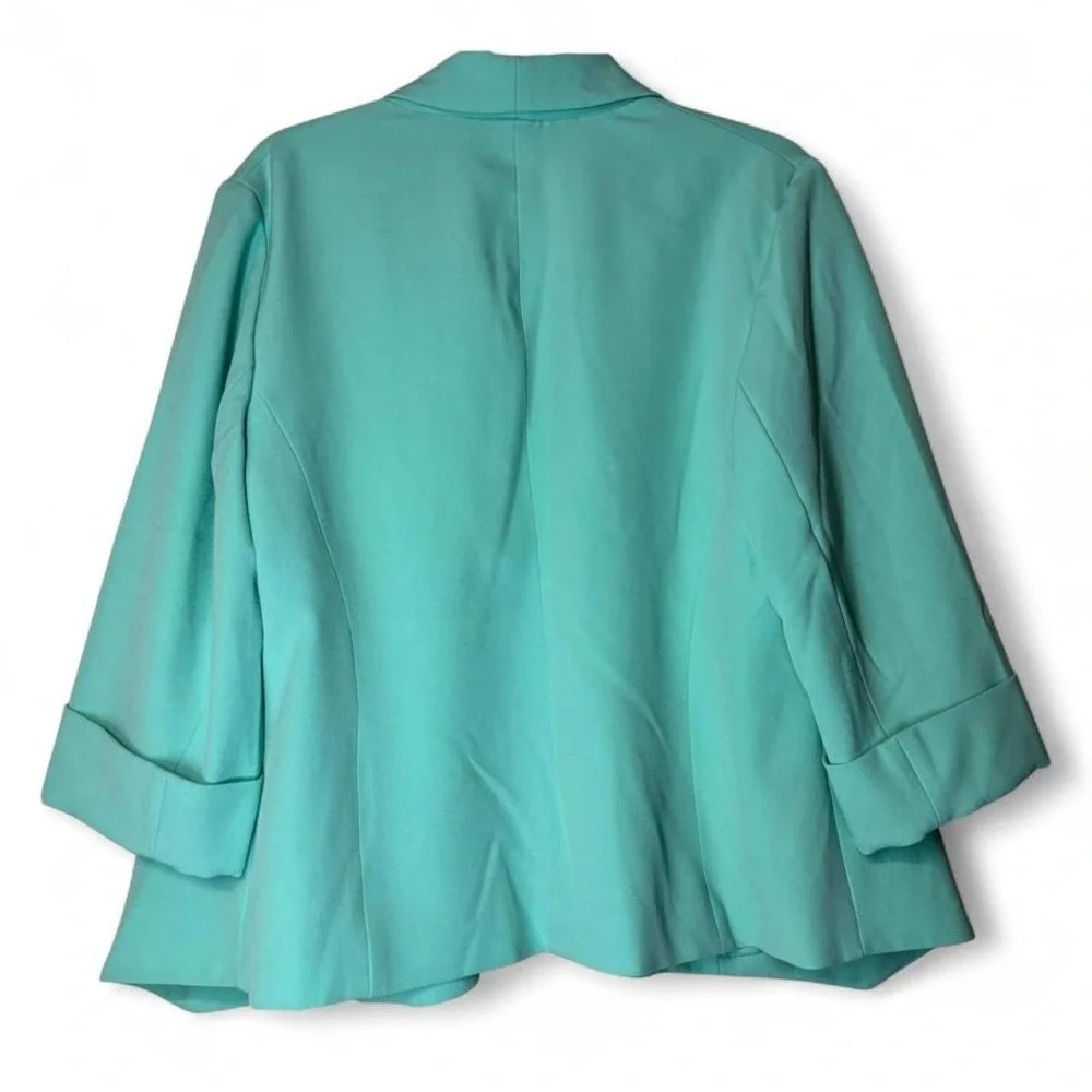 Kasper Women 14W Aqua Teal Open Front 3/4 Sleeve Blazer Business Office Workwear